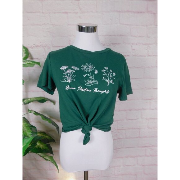 Papaya Green Knotted Cropped Front Graphic Tee Grow Positive Thoughts L - Picture 3 of 11